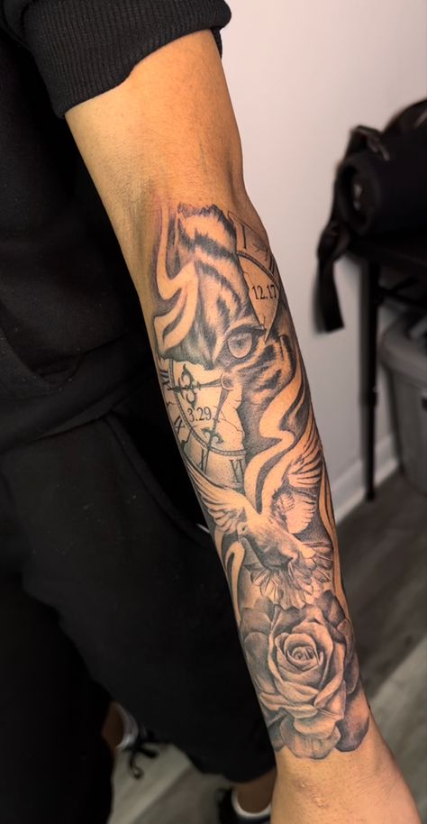 Clock And Clouds Tattoo, First Forearm Tattoo Ideas Men, Hand Sleeve Tattoos For Guys, Half Sleeve Tattoo For Men Forearm, Arm Sleeve Tattoos For Men Ideas, Mens Arm Tattoos Forearm, Outer Arm Tattoo Men, Mens Half Sleeve Tattoo Forearm, Inner Forearm Tattoo Men Unique