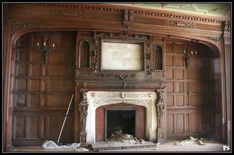 Haunted Mansion Fireplace, Manor Fireplace, Dark Wood Fireplace, Library Fairy, Abandoned Mansion For Sale, Mansion Rooms, Panel Walls, Derelict Places, Fireplace Wood