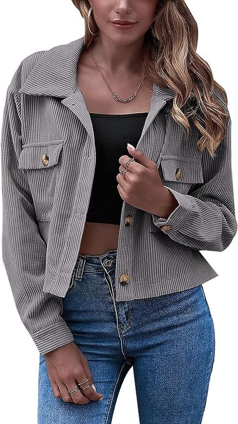 Cropped Shacket Button Down Corduroy Shacket #ad Corduroy Jacket Outfits, Cropped Shacket, Womens Cropped Jacket, Corduroy Shacket, Ladies Short Jackets, Jackets Casual, Long Sleeve Outerwear, Jacket Long, Fall Jackets