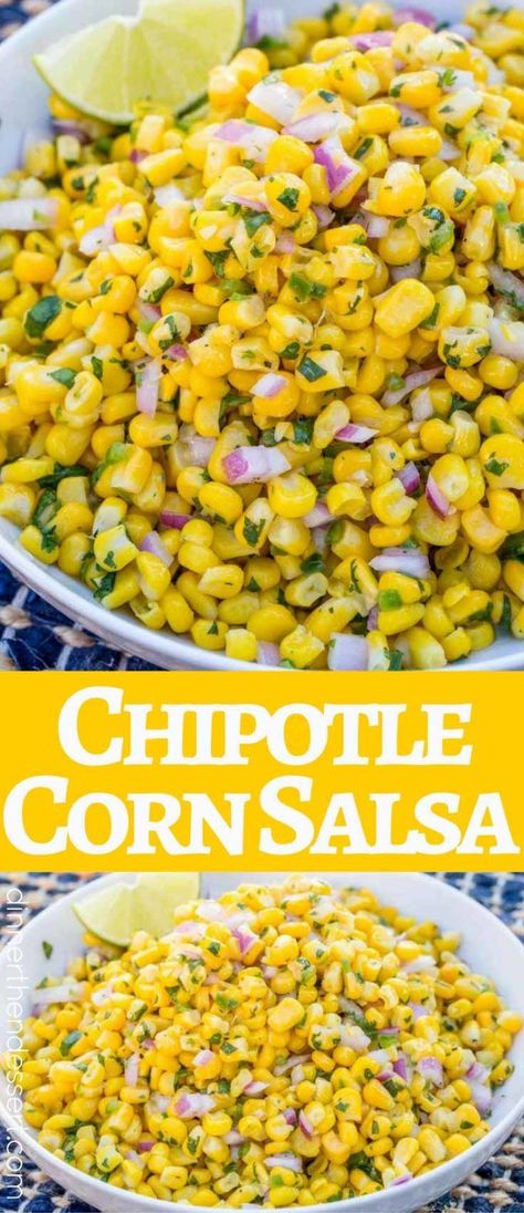 Chipotle Corn Salsa Copycat with lime, jalapeno and red onion is so easy! Chipotle Bar, Chipotle Corn Salsa Recipe, Bunco Snacks, Chipotle Corn Salsa, Chipotle Corn, Chipotle Recipes, Copycat Chipotle, Fresh Corn Salad, Recipe Mexican