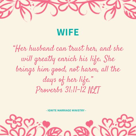 Love this scripture on a wife. #scripture #marriageministry #wife #love #wifey #husband #marriagegoals #goals #unite #marriagequotes #quotestoliveby #quotes #instaquote #God #Jesus #butGod #pray #prayers #millennialmarriage #date #church #ignitemarriageministry God And Marriage Quotes Scriptures, Godly Wife Quotes, Bible Husband And Wife Quotes, Biblical Wife Verses, Marriage Scripture Quotes, Scripture For Wives, Wife Scriptures Marriage, Diwali Wishes Messages, Marriage Scripture