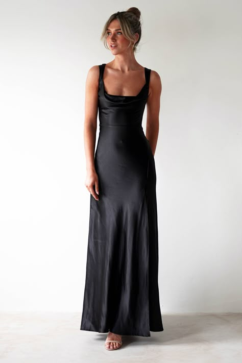 Riviera Soft Satin Maxi Gown | Black Two Piece Wedding Guest Outfit, Race Dresses, Grade 8 Graduation Dresses, Gala Event Dress, Black Tie Wedding Guest Attire, Cocktail Wedding Guest Dress, Black Wedding Guest, Debs Dresses, School Formal Dresses