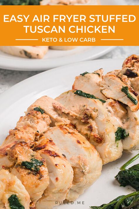 If you’re looking for new keto dinner ideas, you’ll love this easy stuffed Tuscan chicken recipe which can be cooked in an air fryer. This dish is bursting with mouthwatering flavors. The chicken breasts are filled with a delightful Tuscan cream cheese sauce which is infused with garlic, herbs, and tomato paste. This ensures the breasts come out of the air fryer juicy and packed full of flavor. Tuscan Chicken Recipe, Keto Friendly Vegetables, Keto Dinner Ideas, Special Diet Recipes, Air Fryer Garlic, Cream Cheese Sauce, Dinner Party Dishes, Low Carb Easy, Keto Dinners