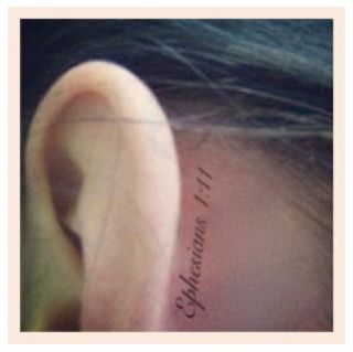 "Ephesians 1:11" behind ear tattoo. Definately thinking about it for the future. :) Bible Verse Tattoos, Verse Tattoos, Bad Tattoos, Boy Tattoos, Body Piercings, The Ear, Piercing Tattoo, Get A Tattoo, Pretty Tattoos