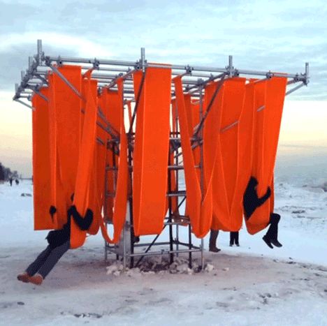 Lifeguard outposts along Toronto's frozen waterfront have been converted into a series of installations and pavilions including a set of bright red swings Temporary Architecture, Urban Intervention, Lifeguard Tower, Pavilion Architecture, Beautiful Outdoor Spaces, Urban Furniture, Street Furniture, Urban Spaces, Public Art