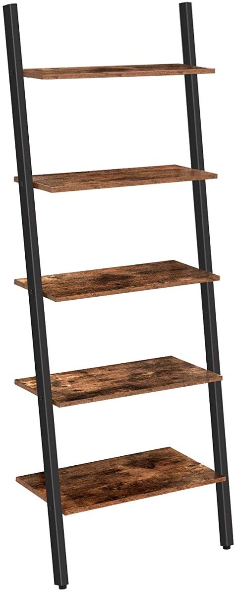 HOOBRO Ladder Shelf, 5-Tier Sloping Bookshelf, Industrial Plant Flower Stand Shelves, Leaning-Against-Wall Storage Rack for Living Room, Kitchen, Office, Metal Frame, Rustic Brown BF70CJ01 Leaning Wall Shelf, Leaning Bookshelf, Industrial Storage Racks, Leaning Shelf, Vintage Regal, Industrial Storage, Ladder Shelf, Ashley Furniture Homestore, Rack Shelf