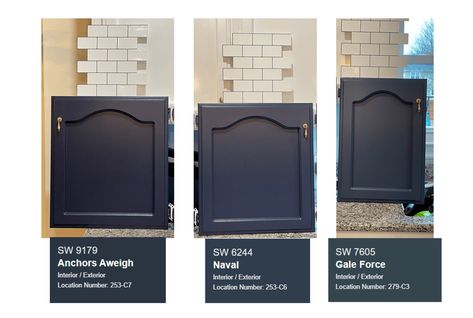 Want Dark Blue Kitchen Cabinets? Check out this Color Comparison - the cozy eclectic Sherwin Williams In The Navy Cabinets, Sherwin Williams Dark Blue, Dark Blue Kitchen Cabinets, Dark Blue Kitchen, Navy Kitchen Cabinets, Dark Blue Paint Color, Navy Blue Kitchen Cabinets, Sherwin Williams Blue, Navy Blue Paint Colors