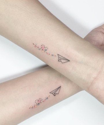 33 Best Friend Tattoos - Matching Tattoo Ideas for Your BFF Small Friendship Tattoos, Matching Friendship Tattoos, Plane Tattoo, Matching Friend Tattoos, Matching Best Friend Tattoos, Matching Sister Tattoos, Bff Tattoos, Friendship Tattoos, Matching Tattoo