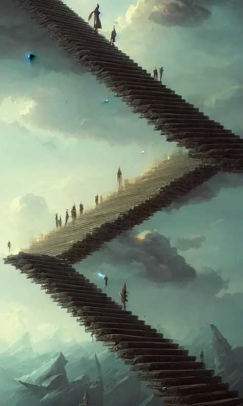 Lexica – Endless stairs made of books leading to heaven, sky full of clouds, art by greg rutkowski and peter mohrbacher, featured in artstation, octa... Stairs Concept Art, Dream World Drawing, Infinite Staircase, Endless Stairs, Walking Stairs, Sky Full Of Clouds, Stairway Art, Focus Illustration, How To Draw Stairs