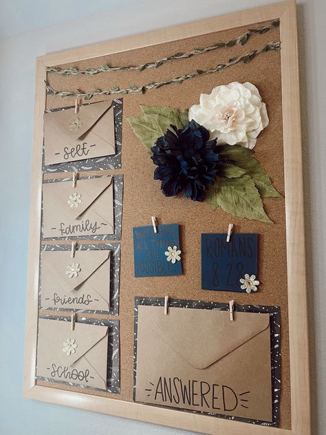 Bible Area At Home, Prayer Journal Vision Board, Prayer Group Aesthetic, Vision Prayer Board Ideas, Prayer Boards With Envelopes, Christian Wall Decor Ideas Bedroom, Prayer Board Supply List, Prayer Board Inspo Aesthetic, Prayer Poster Board