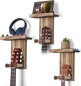 Keebofly Guitar Wall Mount,3 Pack Guitar Wall Hangers Guitar Stand Wall with Pick Holder Guitar Rack for Acoustic or Electric Guitars,Ukulele,Bass,Mandolin,Rustic Wood Brown,[Patented] Guitar Wall Stand, Guitar Stand Wall, Guitar Wall Holder, Guitar Mount, Guitar Wall Mount, Guitar Slides, Guitar Wall Hanger, Guitar Wall Art, Guitar Rack