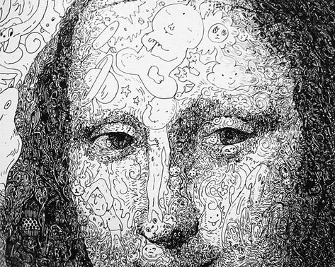 Famous paintings made of thousands of Cartoon Doodles. Colossal Art, Cartoon Photo, Art Parody, Art Et Illustration, Art Video, Ink Illustrations, Japanese Artists, Ink Pen Drawings, Doodle Drawings