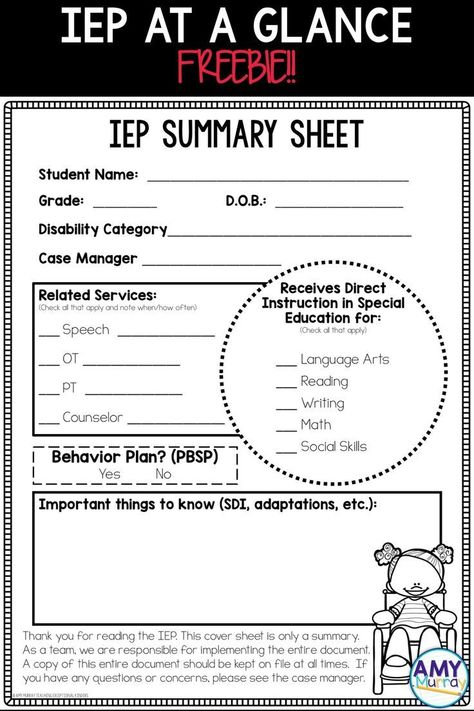 IEP Summary Sheet (snapshot) FREEBIE - give classroom teachers an IEP at a glance or cheat sheet to be sure they are familiar with the most important parts of a special education (ESE) student's IEP.  This free form allows you to make note of things like speech times, time in the resource room and more. #iepataglance #iepcheatsheet Iep Template, Iep At A Glance, Behavior Checklist, Kindergarten Classroom Management, Behavior Plan, Kindergarten Freebies, Sped Classroom, Co Teaching, Special Education Elementary