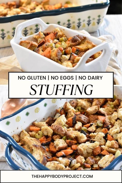 When it comes to holiday meals, gluten free stuffing is a must-have for those with dietary restrictions. This delicious, savory dish brings together toasted gluten free bread, sautéed vegetables, and rich seasonings, ensuring that everyone at your table can enjoy this classic side. With the addition of roasted sweet potatoes and a splash of sherry for depth, this stuffing is not just an alternative—it’s a standout. Gluten Free Vegetarian Stuffing, Gluten Free Dairy Free Stuffing, Egg Free Stuffing, Savory Gluten Free, Meals Gluten Free, Gluten Free Stuffing, Holiday Side Dish, Gluten Free Egg Free, Holiday Side