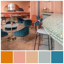 Cafe Colour Scheme, Teraccota And Blue, Peach And Blue Interior Design, Aqua And Terracotta, Mediterranean Colour Scheme, London Colour Palette, Blue And Terracotta Kitchen, Cerulean Blue Color Palette, Orange And Blue Interior