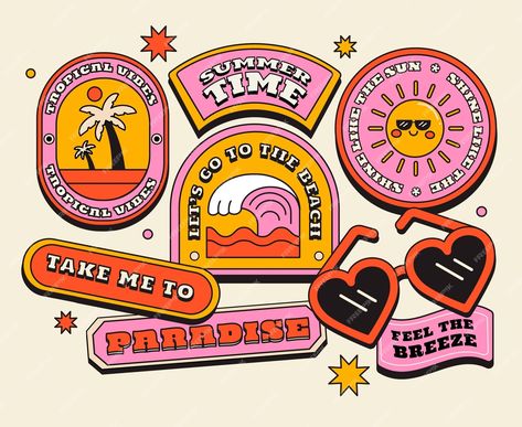 Free Vector | Hand drawn retro sticker collection Sticker Inspiration, Resident Evil 8, Y2k Stickers, Summer Stickers, Body Image Art, Groovy Font, Illustrator Vector, Surf Club, Sugar Glider