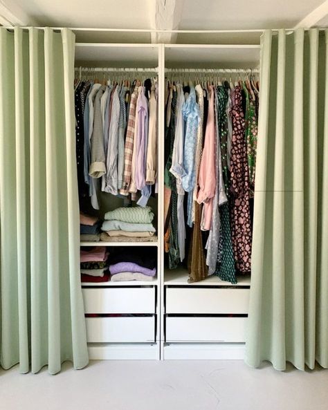 Curtain Wardrobe, Danish Home, Open Wardrobe, Wardrobe Room, Green Curtains, Cheap Decor, Scandinavian Home, Home Decor Pictures, Interior Inspo