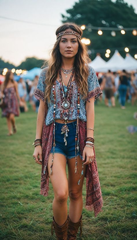 Wonderfruit Outfit, Indie Music Festival Outfit, Coachella Outfit Boho, Woodstock Outfit, Woodstock Party, 60s Fashion Hippie, Coachella Outfit Ideas, Outfit Coachella, Look Kimono