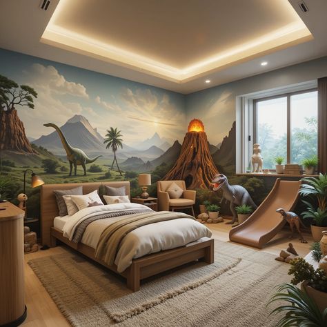 Transform the room into a prehistoric wonderland with a dinosaur mural, figurines for learning, and a volcano slide for exciting adventures.  #PlayroomIdeasForKids #DinosaurRoom #PrehistoricDecor #KidsRoomDesign #AdventurePlay Dinosaur Mural For Kids Bedrooms, Kids Bedroom Designs Boys, Dinosaur Boys Room Decor, Dinosaur Playroom, Dinosaur Bed, Dinosaur Theme Room, Playroom Ideas For Kids, Dinosaur Mural, Dino Bedroom