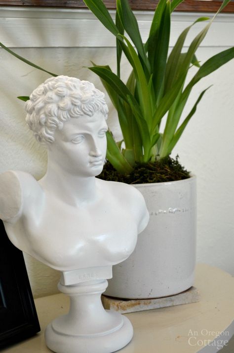 $5.99 thrifted classical bust transformed with white paint. There are so many ways to use this type of statue in your decor! Navy Blue Tile, Thrifted Home Decor, Diy Home Accessories, Bust Statue, Flea Market Flip, Diy Porch, Cottage Style Homes, Rustic Bathrooms, Do It Yourself Crafts