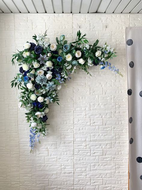 Dusty Blue And Navy Wedding, Flowers Arch Wedding, Blue And Navy Wedding, Dusty Blue And Navy, Dusty Blue Flowers, Wedding Floral Arch, Flowers Arch, Blue Green Wedding, Wedding Swag