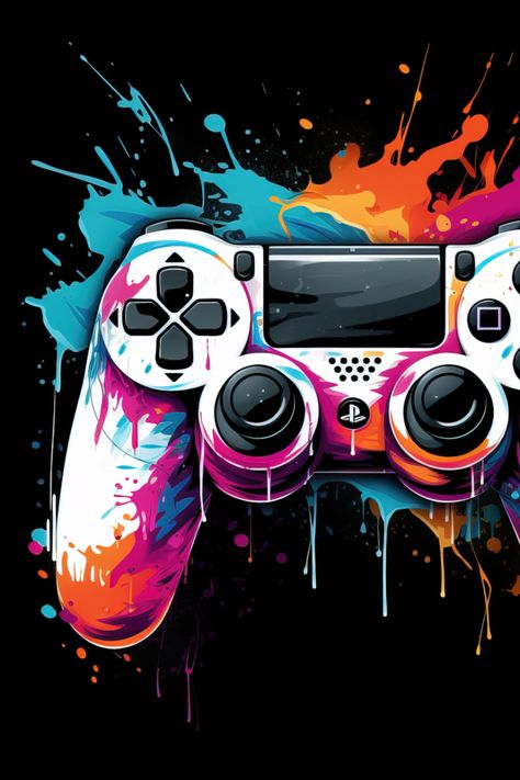 Playstation controller with a multi-coloured ink splash using digital art on a black background. Playstation Controller Wallpaper, Playstation Controller Art, Playstation Logo Art, Basketball Wallpapers Aesthetic, Video Game Controller Drawing, Playstation Painting, Game Controller Drawing, Playstation Illustration, Controller Wallpaper