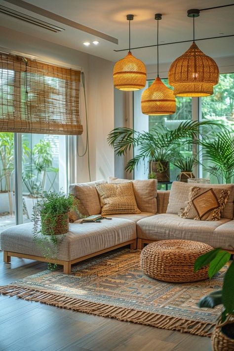 Modern Tropical Interior Design, Cheap Couches, City Living Room, Tropical Living Room, Tropical Interior Design, Small Lounge, Lounge Rooms, Earthy Home Decor, Rattan Chandelier