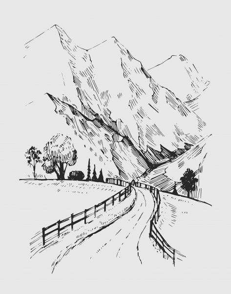 Sketch of a landscape with a road and mo... | Premium Vector #Freepik #vector #line Landscape Pencil Drawings, Ink Pen Art, Nature Art Drawings, Nature Sketch, Canvas For Beginners, Pen Art Drawings, Landscape Sketch, White Drawing, Art Drawings Sketches Pencil