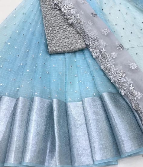 Pure Organza checks with silver butties and border lehsnga set Lehsnga 3 Metra Blouse 1 meter Dupatta 2.5 Price:2999+shipping To Buy, click here or Whatsapp image to chat directly with us: Whatsapp on+ 91 9502316419 For daily updates on our latest collections, follow us on FB page https://www.facebook.com/elegantfashionwearindia/ Instagram: https://www.instagram.com/elegantfashionwear/ Pinterest: https://pin.it/5Fp6x0t Note : No return and No exchange for Color Variations and Feel of Fabrics. Co Kalamkari Dresses, Lehenga Saree Design, Simple Saree Designs, Half Saree Lehenga, Long Gown Design, Indian Outfits Lehenga, Wedding Lehenga Designs, Kids Blouse Designs, Lehenga Designs Simple