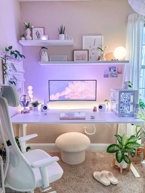 White Desk Gaming Setup, Comfy Room Ideas, Biggest House, Apartment Decorating Hacks, Girly Room Decor, Interior Design Layout, Cozy Desk, Study Desk Decor, Luxury Room Bedroom