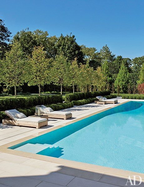 RH teak tables and chaise longues, the latter sporting cushions clad in a Perennials fabric, line the pool area Living Pool, Pool Landscape Design, Modern Pools, Pool Fence, Beautiful Pools, Backyard Pool Designs, Pool Furniture, Swimming Pool Designs, Kew Gardens