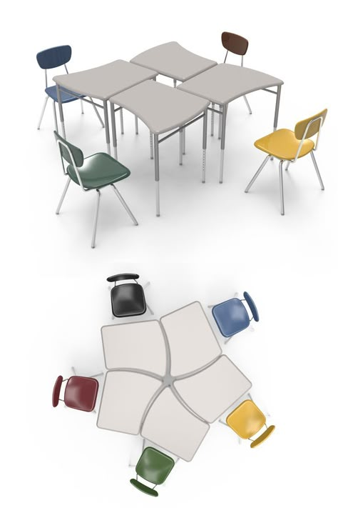 The ideal group size for collaborative learning! For traditional and progressive teaching styles. The Table-space Flow desk was developed as a tool for students and teachers to implement common core learning concepts. It can be arranged in collaborative groups or traditional rows. In its ideal group configuration of 5, the Flow desk was designed to maximize the use of limited space commonly observed in today's classrooms. School Table Design, Collaborative Classroom Design, Desk For School, Organic Office, Classroom Desk Arrangement, School Furniture Design, Kindergarten Furniture, Teaching Styles, Collaborative Furniture