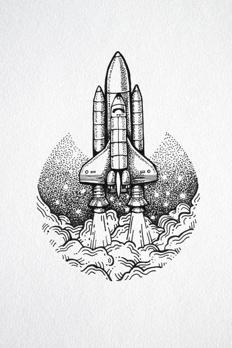 Minimalistic pointillism fine line drawing of a rocket ship blast off in space. Made with black archival ink Micron pens. Art prints available for purchase. Spaceship Simple, Fine Pen Art, Spaceship Tattoo Design, Space Ink Drawing, Rocketship Tattoo, Rocket Ships, Rocketship Drawing, Apollo Rocket Tattoo, How To Draw A Rocket Ship