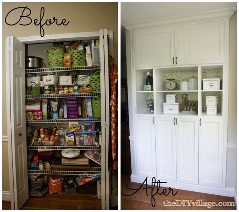 DIY Custom Pantry Makeover by theDIYvillage.com Pantry Redo, Pantry Renovation, Kitchen Pantry Doors, Built In Pantry, Organized Pantry, Custom Pantry, Pantry Remodel, Cabinet Plans, Thrifty Decor Chick