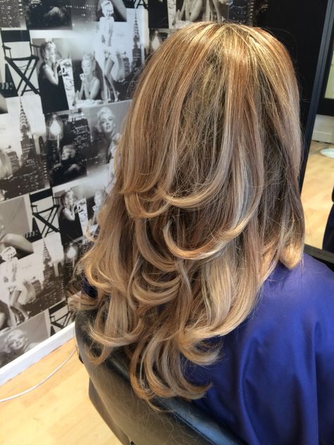 Blonde, light brown, subtle ombré. Gorgeous thick hair!  Bouncy blow dry to finish Blow Dry Hairstyles, Women's Haircut, Full Highlights, Blow Dry, Thick Hair, Highlights, Vanity, Hairstyles, Hair