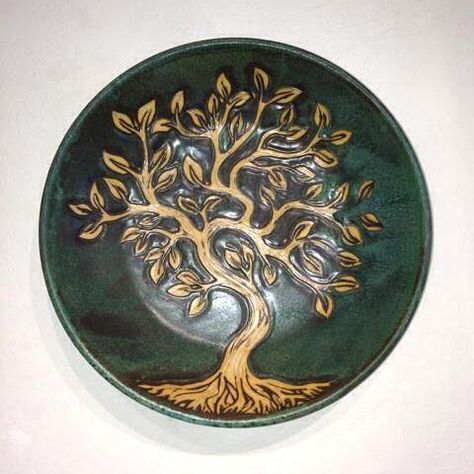 Ceramic plate featuring Tree of Life motif, wheel-thrown and hand-incised. Foxlo Pottery, 2013 Sgraffito Tree Design, Pottery Tree Design, Tree Pottery Painting, Tree Of Life Pottery, Tree Of Life Ceramic, Pottery Scraffito Ideas, Crockery Painting, Tree Ceramics, Carved Ceramics