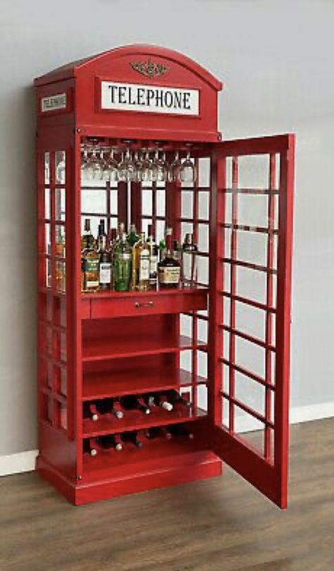 Island Furniture, Bar Indoor, Wine Glass Storage, Red Telephone Box, Bar Garden, Miami Style, Drinks Bar, Telephone Box, Telephone Booth