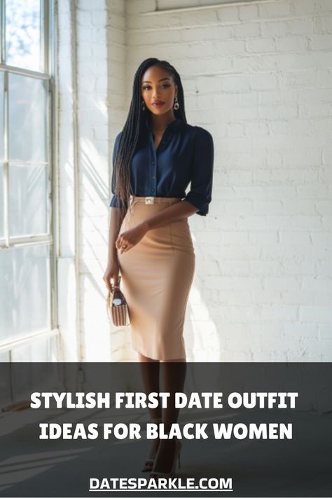 Woman in a chic navy blouse and beige skirt standing by a window. Classy Looks For Black Women, Outfit Ideas For First Date, Classy Outfits For Black Women, Date Outfit Inspiration, Inspiration For Black Women, First Date Outfit Ideas, Outfits For Black Women, Fall Outfits Black Women, First Date Outfit