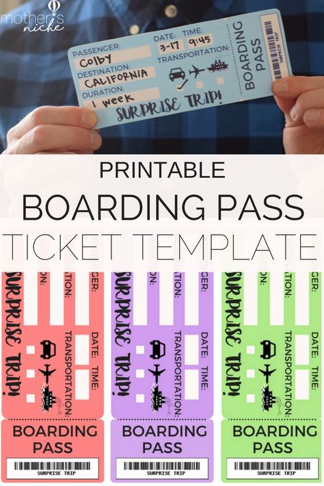 FREE Printable Ticket Template for Surprising a Vacation Fake Plane Ticket, Travel Theme Classroom, Ticket Template Free, Surprise Trip Reveal, Surprise Vacation, Around The World Theme, Boarding Pass Template, Printable Tickets, Hygge Gifts