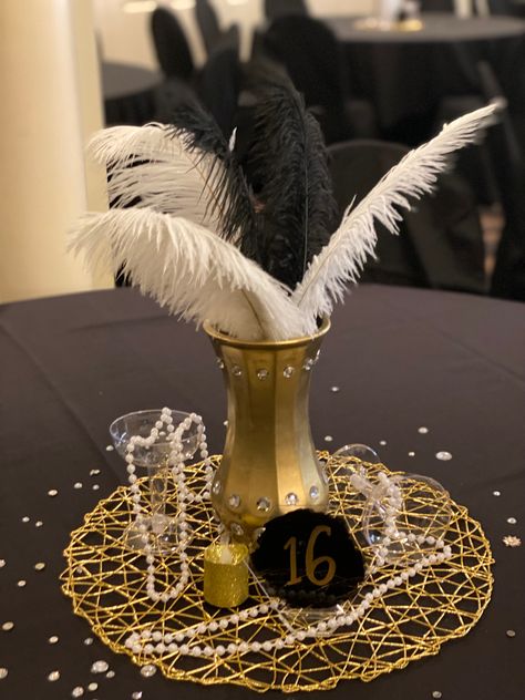 Gatsby Centerpiece Ideas Diy, Gatsby Gala Centerpieces, Roaring 20s 50th Birthday Party, Roaring 20s Table Centerpieces, Masquerade Theme Ideas, Masquerade Gala Decorations, Mascarade Centerpieces Ideas, Masquerade Party Table Decorations, Masquerade Table Centerpieces