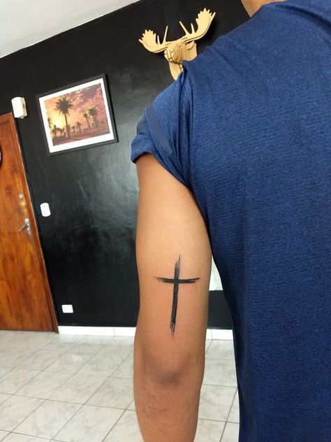 Cross Behind Arm Tattoo, Krst Tattoo, Tricep Tattoo Men, Cross Shoulder Tattoos, Symbol Tattoos With Meaning, Tricep Tattoos, Tattoo Font For Men, Small Cross Tattoos, Band Tattoos For Men