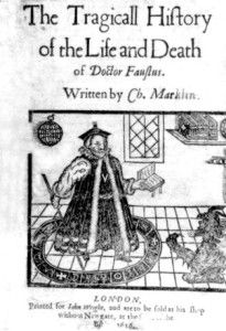 Image of a black and white book cover.  The title appears in Middle English at the top, and at the bottom is a drawing of a man in a robe holding a book and a stick, with a devil emerging from the floor Dr Faustus, Doctor Faustus, Christopher Marlowe, Tragic Hero, Woodcut Illustration, Free Novels, Penguin Book, Tyler Durden, 100 Books To Read