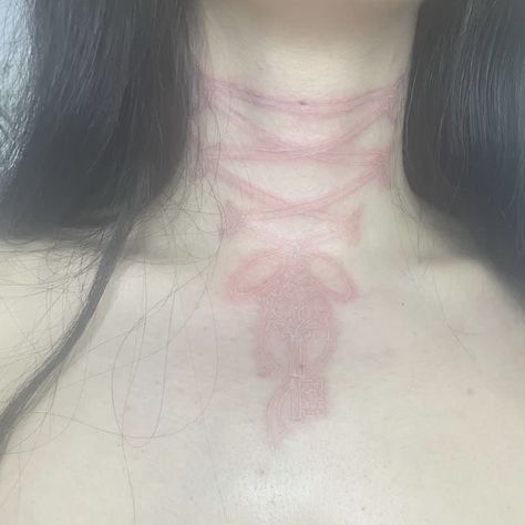 Back To Neck Tattoo, Cross Ribbon Tattoo, Ribbon Back Tattoo, Ribbon Neck Tattoo, White Cybersigilism Tattoo, Vampire Neck Tattoo, White Neck Tattoo, Kingslayer Tattoo, White Ink Neck Tattoo