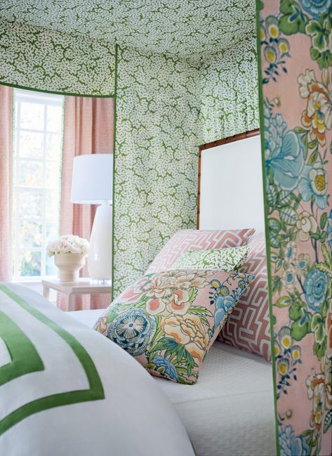 Sojourn, an alluring collection of wallcovering and fabric that encapsulates a fanciful, faraway land. Discover over 90 new styles Pink And Green Chinoiserie Bedroom, Thibaut Honshu Fabric, Thibaut Wallpaper Arbor, Thibaut Pagoda Wallpaper, White Bed Canopy, Bright Pink And Green Wallpaper, Farrow & Ball Wallpaper, Thibaut Wallpaper, Exterior Stain