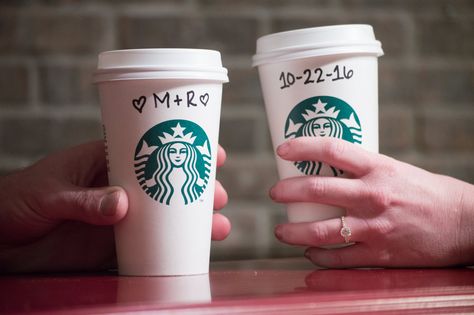 Save the date! #Starbucks #Engagement #engagementring Prenup Shoot, Orange And Pink Wedding, Cute Engagement Photos, Engagement Announcement, Starbucks Cup, Couple Photo, Starbucks Hot, Starbucks Cups, Couple Shoot