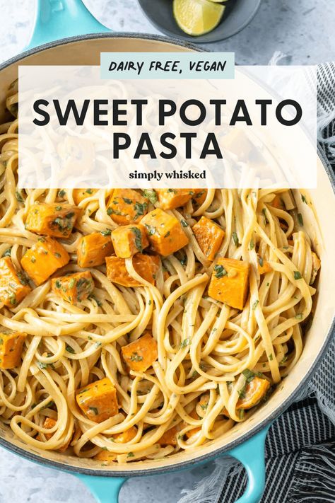 This easy, vegan sweet potato pasta features roasted sweet potatoes and linguini noodles tossed in a creamy, cilantro tahini sauce. This recipe is super easy to make and it’s perfect for fall! Sweet Potato Pasta Recipe, Sweet Potato Noodles Recipe, Sweet Potato Pasta, Dairy Free Soup, Favorite Pasta Recipes, Potato Pasta, Cream Pasta, Traditional Italian Dishes, Sweet Potato Noodles