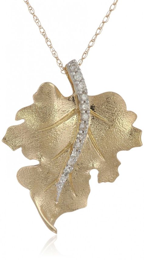 10k Yellow Gold Diamond Leaf Pendant. A gilded leaf sparkles with a row of diamonds in this beautiful pendant, emblematic of fall. Click Visit for more info... #women #fashion #jewelry #pendant #golden #diamonds Fall Wedding Jewelry, Leaf Jewellery, Bridal Statement Earrings, Amazon Jewelry, Beautiful Pendant Necklace, Leaf Jewelry, Wedding Jewelry Earrings, Leaf Pendant, Gold Fashion