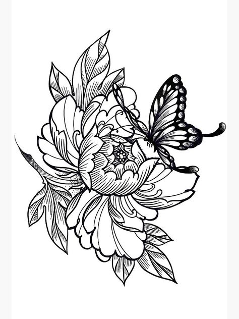 Half Butterfly Half Flower Tattoo Sketch, Flower And Butterfly Tattoo Sleeve Stencil, Butterfly Sitting On Flower Tattoo, Peony And Butterfly Tattoo, Butterfly Landing On Flower Tattoo, Peony Flower With Butterfly Tattoo, Butterfly With Flowers Tattoo Stencil, Shoulder Blade Tattoo, Black Peony