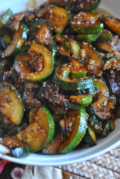 Lori's Lipsmacking Goodness: Spicy Korean Zucchini Chinese Food With Zucchini, Asian Zucchini Recipes, Asian Squash And Zucchini, Spicy Asian Zucchini, Zucchini Japanese Style, Vegetarian Zucchini Recipes, Mushroom Zucchini Recipe, Korean Vegetarian Recipes, Recipe Using Zucchini