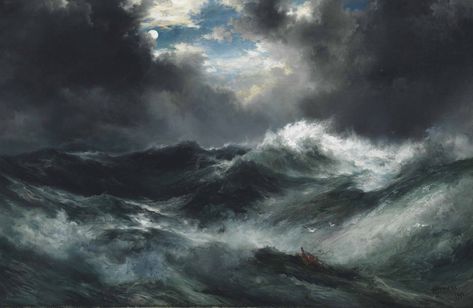 Thomas Moran (1837-1926) | Moonlit Shipwreck at Sea | 20th Century, Paintings | Christie's Thomas Moran, Hudson River School, Rough Seas, Stormy Sea, Moon Painting, Sea Painting, Sea Art, Oil Painting Reproductions, Ocean Painting